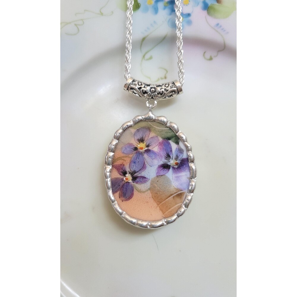 Broken China Erhardt Seidel Hand Painted Purple Violet Soldered Pendant Necklace